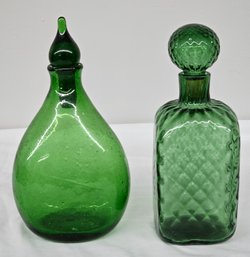 BNH Vintage Green Glass Bottle Decanters With Stoppers