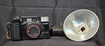 R5 Vintage Canon Autoboy Film Camera With Auto Focus Canon 38mm Lens And Vintage Argus 4.5' Flash Bulb Holder