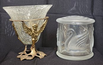 R5 Vintage Frosted Embossed Glass Swan Jar And Vintage Cherub Crackled Glass Potpourri Holder