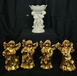 R1 Vintage Iridescent Cherub Trinket Dish And Four Decorative Gold Angel Figurines