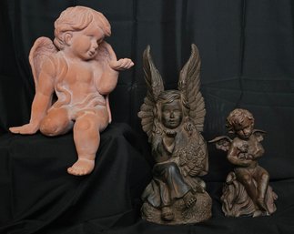 R5 Whitewashed Terracotta Angel Cherub Statue, Garden Angel Blowing Kiss Statue, Garden Cherub Holding Flower