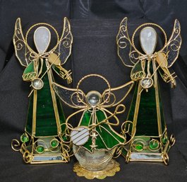 R1 Three Green Stained Glass Angels Playing Instruments Candle Holders With Tealight Candles