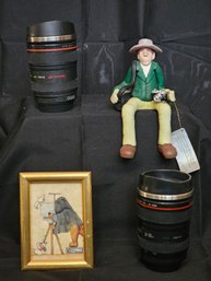 R5 Two Faux Camera Lens Travel Coffee Mugs, D. Manning Limited Edition Photographer Figurine, Teddy Bear Using