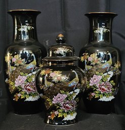 R5 Two Vintage Imperial Japanese Peacock Vases And One Ginger Jar Black With Gold Accents