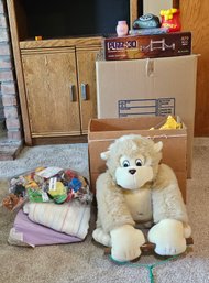 R7 Kids Lot To Include Hanging Plush White Ape, CAT Excavator Toy, Twin Size Sheet, Looney Tunes Plush Toys,