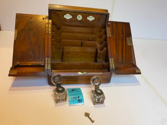 Antique Stationary Writing Box With Calendar And Glass Inkwells
