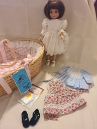 14in Tall Doll About With Clothes, Stand, Accessories And Basket