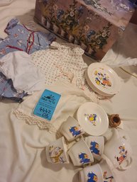 Vintage Edwin M Knowles Doll Dishes, Hand Made Doll Clothes And Decorative Box