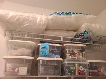 Seven Plastic Containers With Various Sewing Supplies: Thread, Beads, Knitting Tools And Pillow Forms