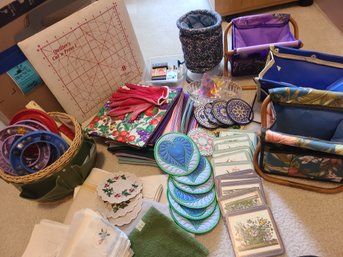 Napkins, Vintage Handmade Handkerchiefs, Sewing Supplies And June Tailor Quilter's Cut'n Press.