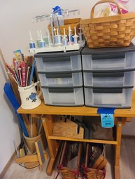 Sewing And Knitting Supplies, Several Baskets, Two Plastic Drawer Units, Note Pads, Office Supplies And Bench