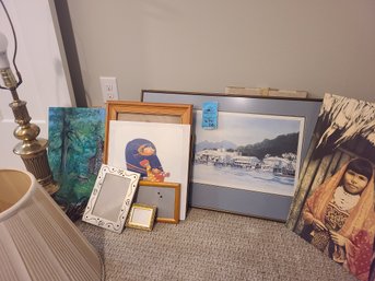 Various Art And Frames (Nancy Stonington Original And A Rie Munoz Poster), And A Lamp. Located Upstairs