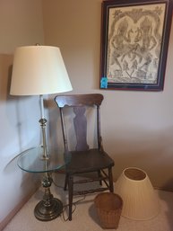 *Framed Art Measuring About 23in X30in, Vintage Wood Chair Missing A Screw, Floor Table Lamp 54in Tall With Ex