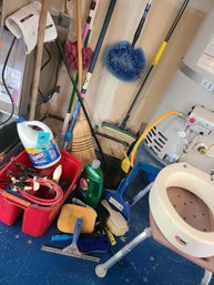 Cleaning Supplies Including Brooms, Mop, Dusters, Sponge, Brushes, CLR, Clorox, Cascade, Bungee Cords