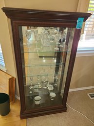 Wood Curio Cabinet With Light And Glass Shelves. Measures 42in X14in X60in.