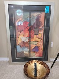 Framed Art Measuring 32in X44in, Decorative Bowl And 9in Ruler Possibly Marble.