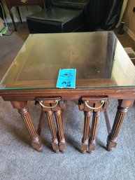 Nesting Table Measuring 20in X20in X21in With Glass Protection Top And Two Round Top Folding Tables.