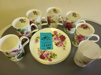 4 Springfield Bone China Plates Made In England, 7 Mugs Some Are English Rose By Roy Kirkham, A Redoute Rose'