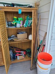 Various Garden Tools, Gloves, Plant Food And Wood Cabinet 34inx18inx63in