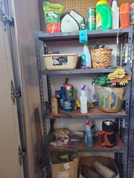 Five Shelves Of Items Including Cleaners, Flashlight, Steering Fluid, Shelving Unit