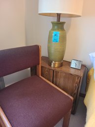 Vintage Lamp With Lamp Shade, Vintage Spartus Clock, Chair, And Nightstand