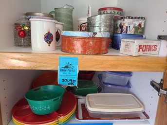 Tins, Cookie Jar, Glass Pitcher, Plastic Containers, Cake Pans And Plastic Plates.