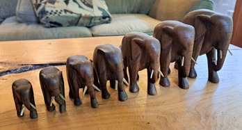 Family Of Antique African Wood Carved Elephants