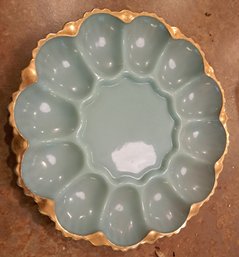 Vintage Blue Milk Glass With Gold Trim Egg Plate