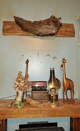 Alarm Clock, Wood Giraff Carvings, Oil Lamp