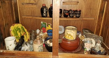 Japanese Saki Bottle With Cups, Vintage Camel Cigarette Contanier, Various Figureans And Cups.