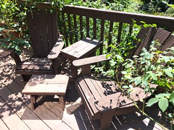 Two Adirondack Chairs, Footstool And Table.