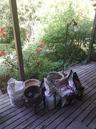 Various Pots, Standing Lamp, Two Birdhouses, Plastic Buckets And Potting Soil.