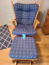 Wood Rocking Chair/Glider  With Cushions And Foot Rest. Rocking Chair Measures 28in X32in X38in.