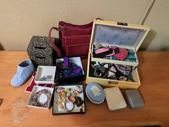 Purse, Jewelry Boxes And  Various Jewelry