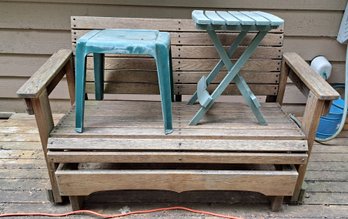 Wood Rocking Bench, Two Plastic Tables