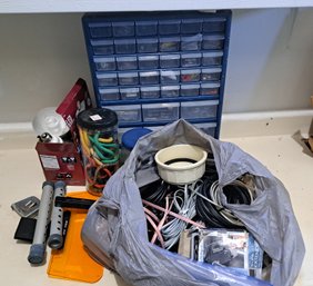 Plastic Hardware Organizer And Various Hardware, Bungee Cords, Lightbulbs, Various Electrical Wires.