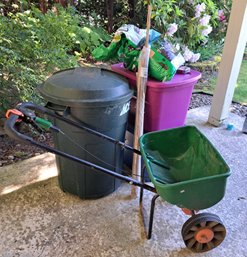 Seed Spreader, Garbage Can, Back Of Door Organizer, Two Bins Of Soil And Fertilizer, Bamboo Stakes