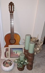 Grenada Guitar With Steel Reinforced Neck, Wood Candle Holders With Candles, Pot With Dried Flowers