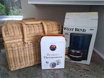 Coffee Maker, Digital Meat Thermometer, Picnic Basket With Table Cloth,plates,cups,silverware,cloth Napkins.