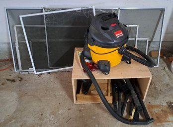 Shop Vac And Various Screens, Wood Cube Table And Plastic Clothes Hamper