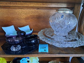 Vintage Amethyst Sherbert Glasses And Tray, Sugar Bowl, Glass Platter And Crystal Vase