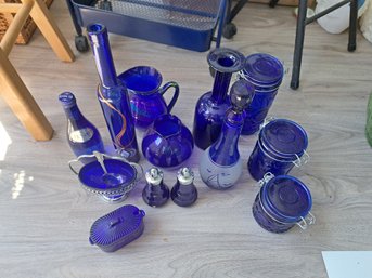 Various Blue Glass Vases, Bowls, Canisters, Salt And Pepper Shakers