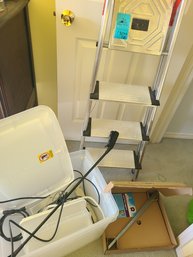 Hailo Brand Ladder, Plastic Totes, Grabber, Some Electrical Cords And Peony Supports New In Box