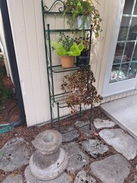 Metal Garden Shelf, Various Plants In Pots And Cement Stool