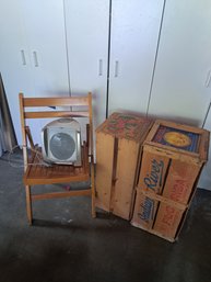 Electric Heater Fan, Folding Chair, Two Wooden Boxes