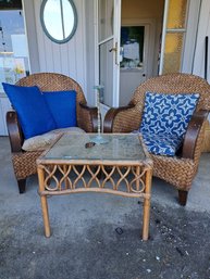 Outdoor Chairs With Pillows, Glass Top Table, Candle Holder