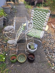 Two Outdoor Folding Chairs, Metal Plant Stand, Pots And Garden Dcor