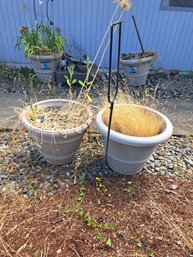 Two Large Outdoor Flower Pots And Garden Spike For Bird Feeder