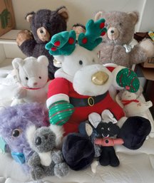 A Collection Of Stuffed Animal Including A Christmas Mouse, Bears, A Mouse,  And A Monster