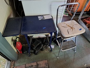 Vintage Metal Typing Table On Wheels With Leaves And Stool.